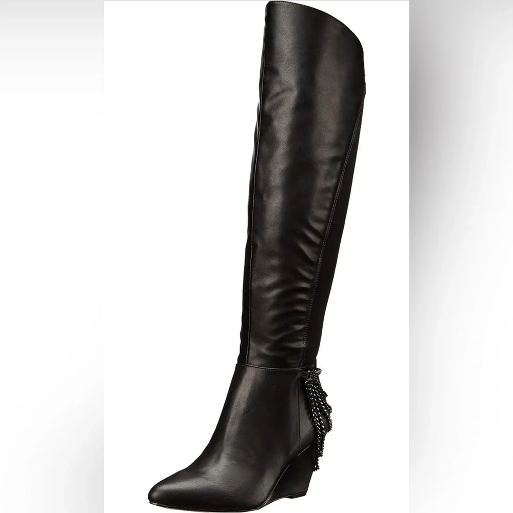 Fergie Samantha Black Chain-Detail Wedge Over-the-Knee Boots – Size 9M